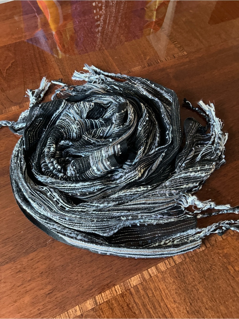 Black and White Striped Fringe Scarf 16“ x 62“